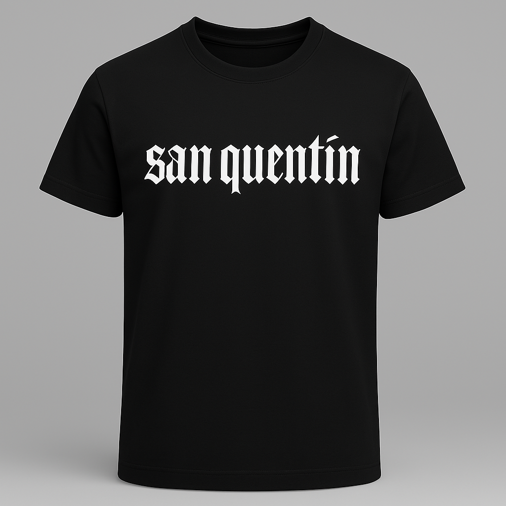 Koszulka "San Quentin" | Klasyczny CZARNY I BIAŁY T-shirt z napisem - obrazek 2